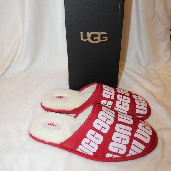 NIB‎ UGG MEN'S SCUFF LOGO RED WHITE SLIPPERS - Picture 2 of 8